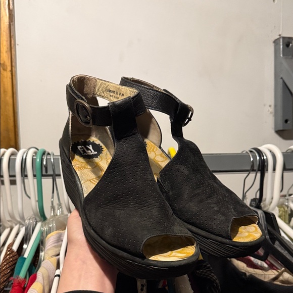 Fly London Shoes - FLY London Black Peep-Toe Wedges